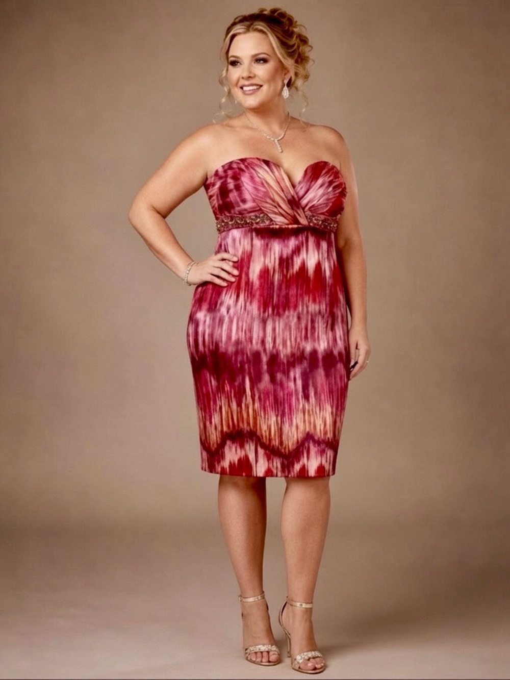 DAVID MEISTER Cocktail Dress 12 Pink Red Ikat Strapless Beaded Glam NWT $348
